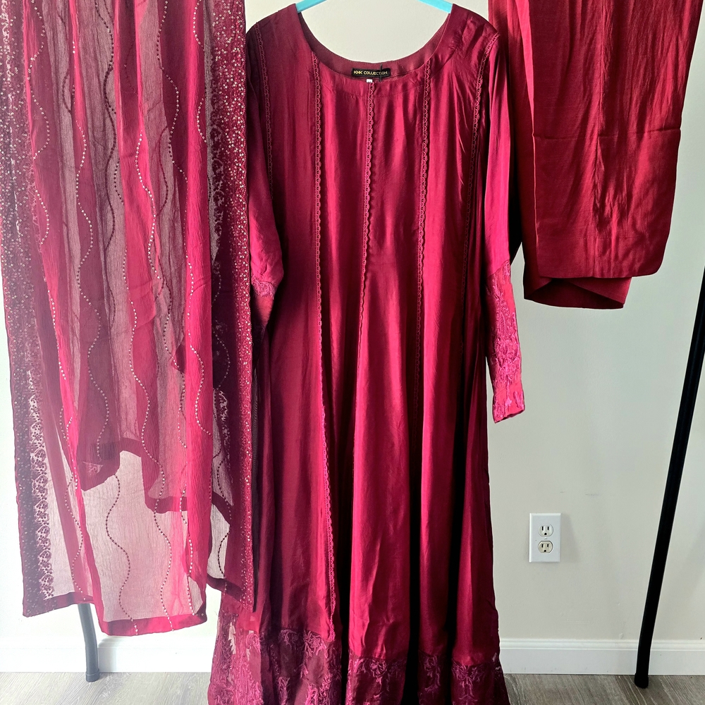 Elegant Maroon Long Dress with Lace Details